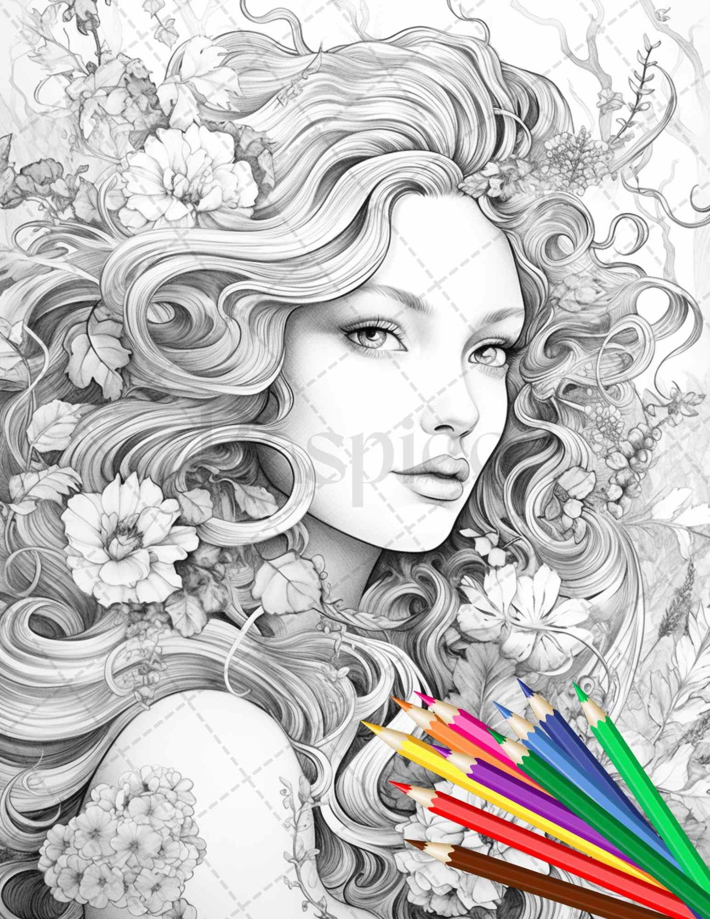 38 Flower Goddess Coloring Pages Printable for Adults, Grayscale Coloring Page, PDF File Instant Download