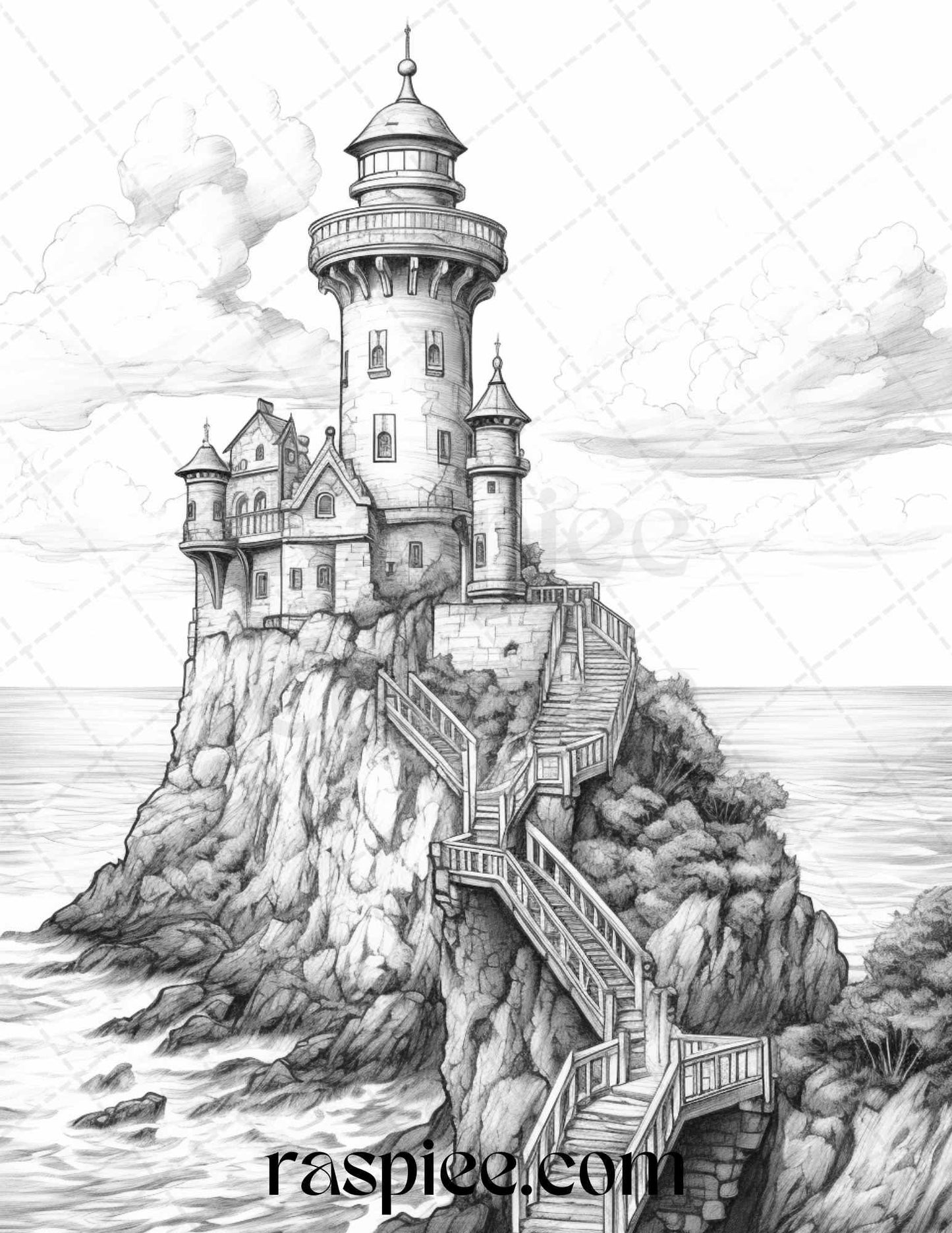 40 Majestic Lighthouses Grayscale Coloring Pages Printable for Adults, PDF File Instant Download