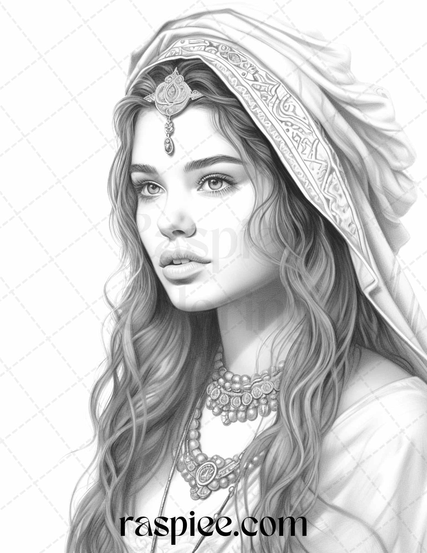 40 Beautiful Gypsy Girls Grayscale Coloring Pages Printable for Adults, PDF File Instant Download