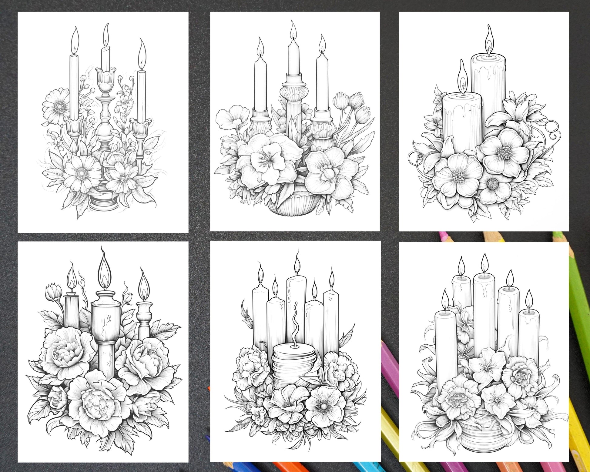 40 Flower Candles Grayscale Coloring Pages Printable for Adults, PDF File Instant Download