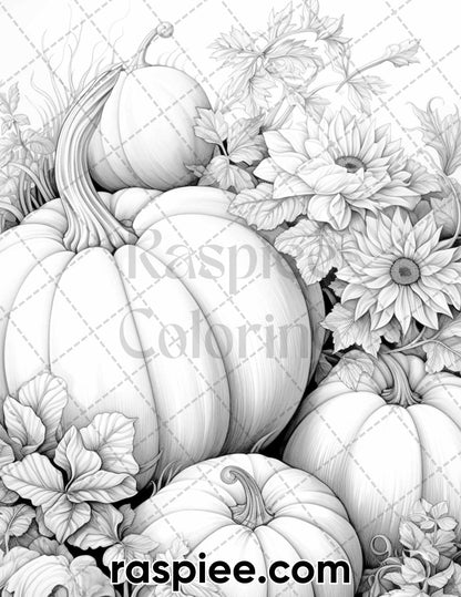 40 Happy Thanksgiving Grayscale Coloring Pages for Adults, Printable PDF Instant Download