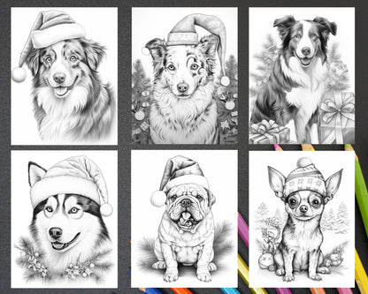 45 Christmas Dogs Grayscale Coloring Pages for Adults, Printable PDF Instant Download