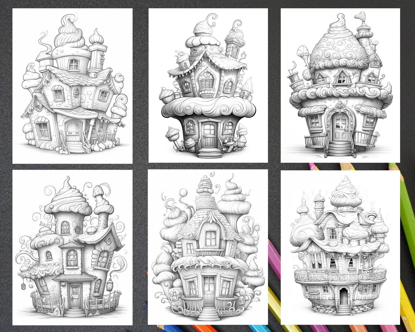 40 Whimsical Cupcake Houses Grayscale Coloring Pages for Adults, Printable PDF Instant Download