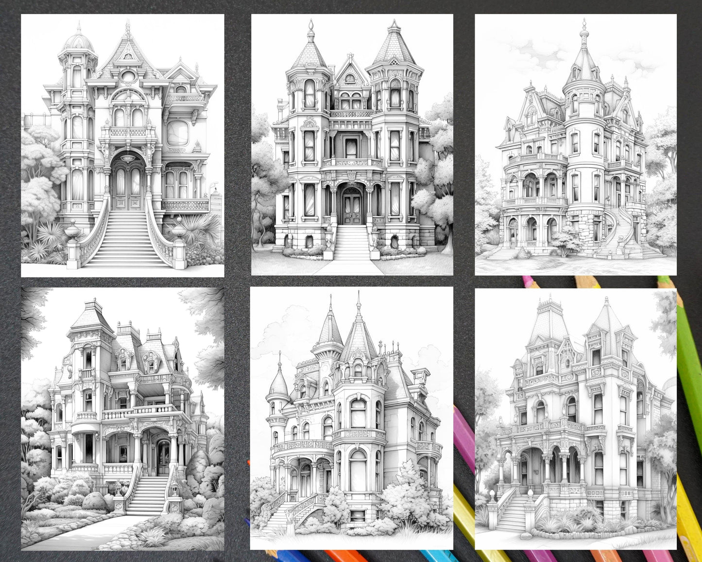 40 Victorian Mansions Grayscale Coloring Pages for Adults, Printable PDF Instant Download