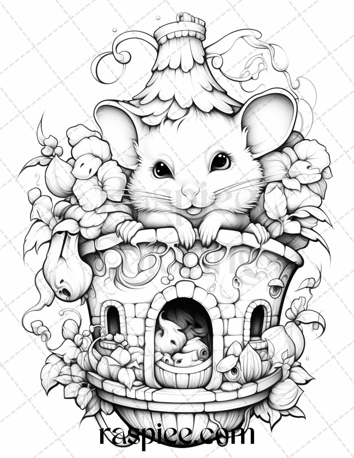 40 Magical Mouse Houses Grayscale Coloring Pages Printable for Adults, PDF File Instant Download