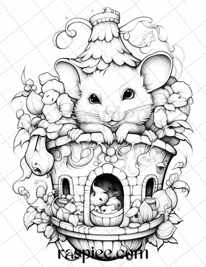 40 Magical Mouse Houses Grayscale Coloring Pages Printable for Adults, PDF File Instant Download