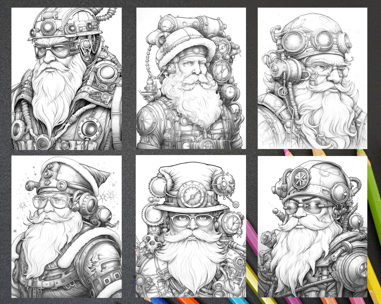 50 Steampunk Santa Claus Grayscale Coloring Pages for Adults, Printable PDF Instant Download