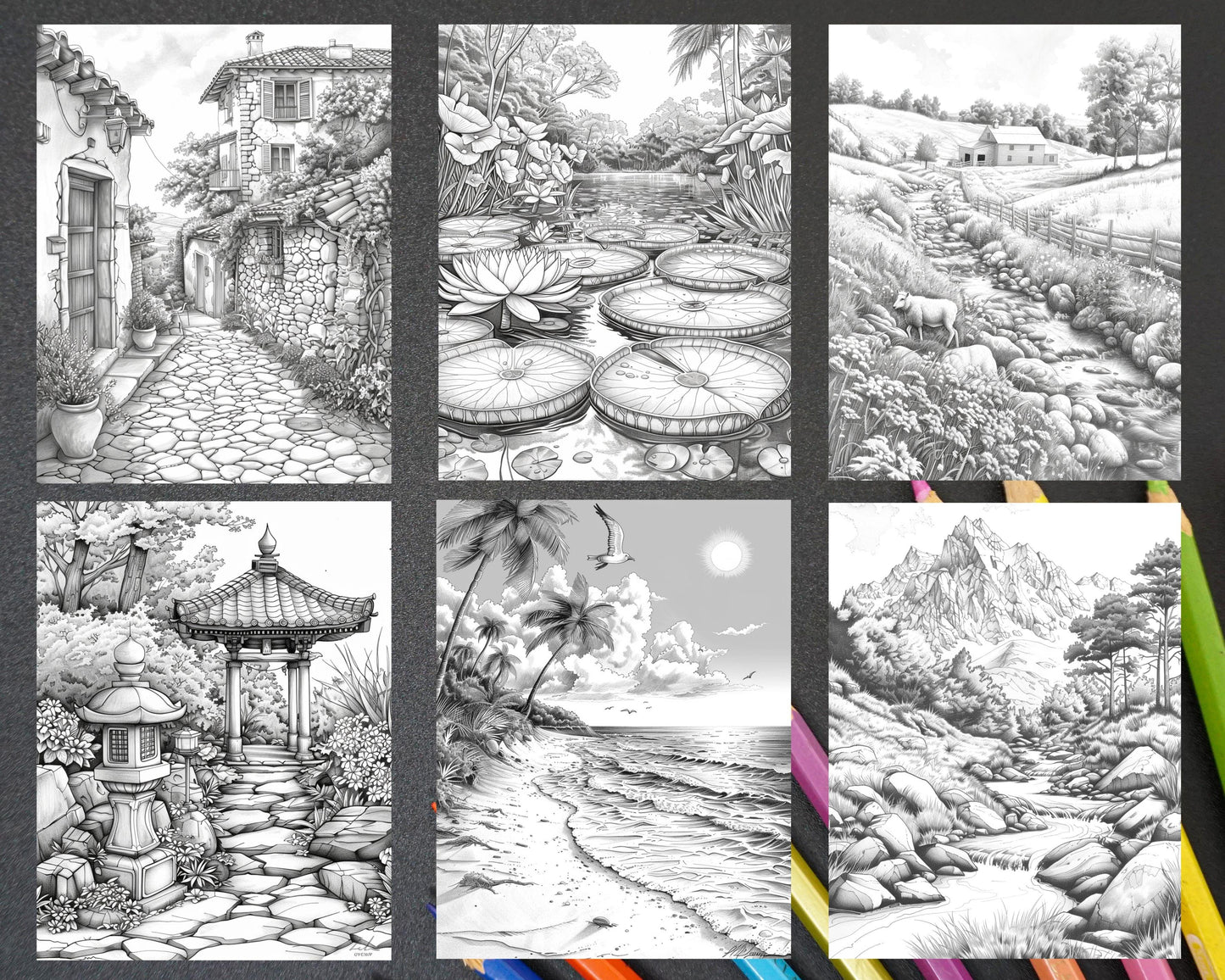 101 Relaxing Landscapes Grayscale Adult Coloring Pages Printable PDF Instant Download