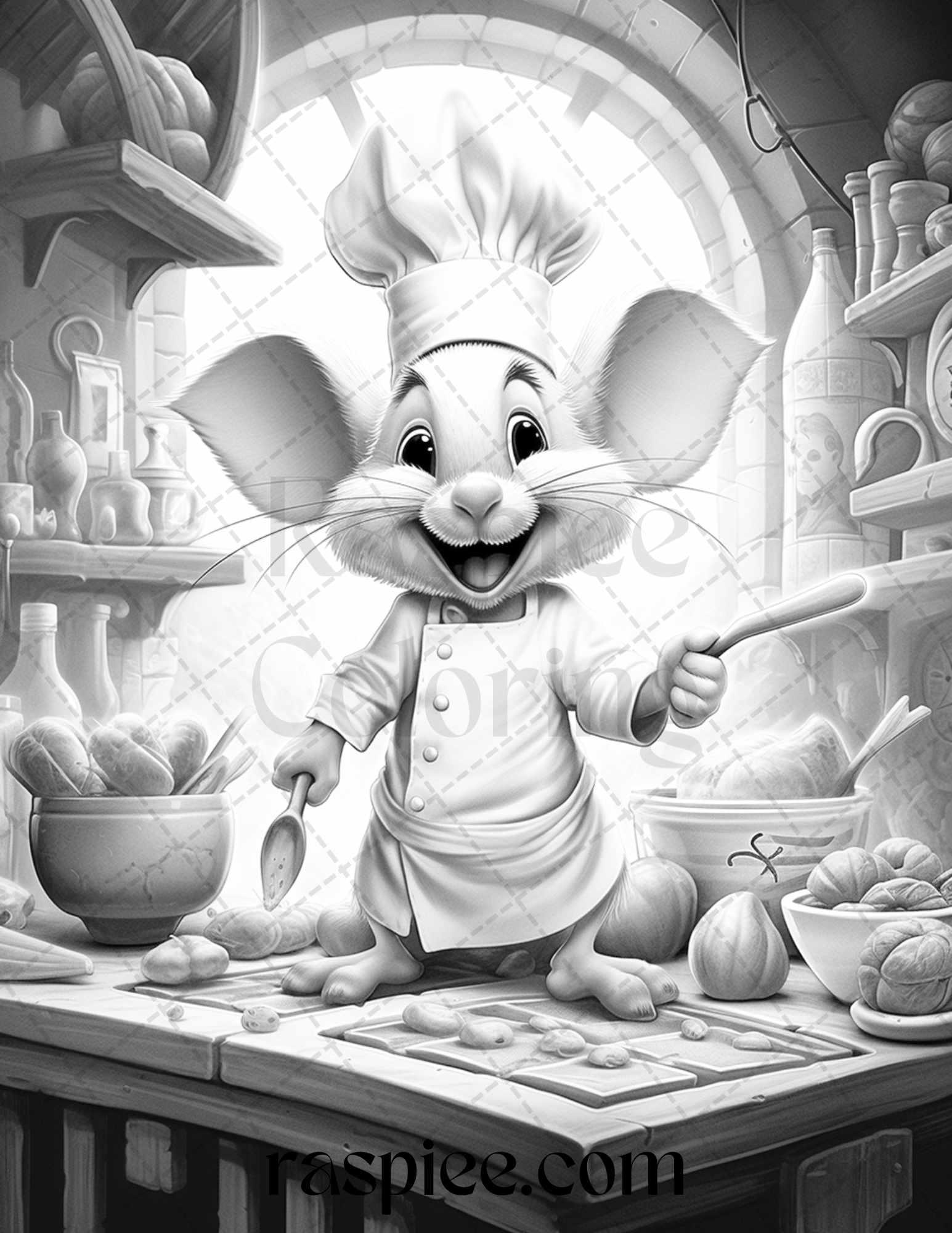 45 Mouse Chef Grayscale Coloring Pages Printable for Adults, PDF File Instant Download