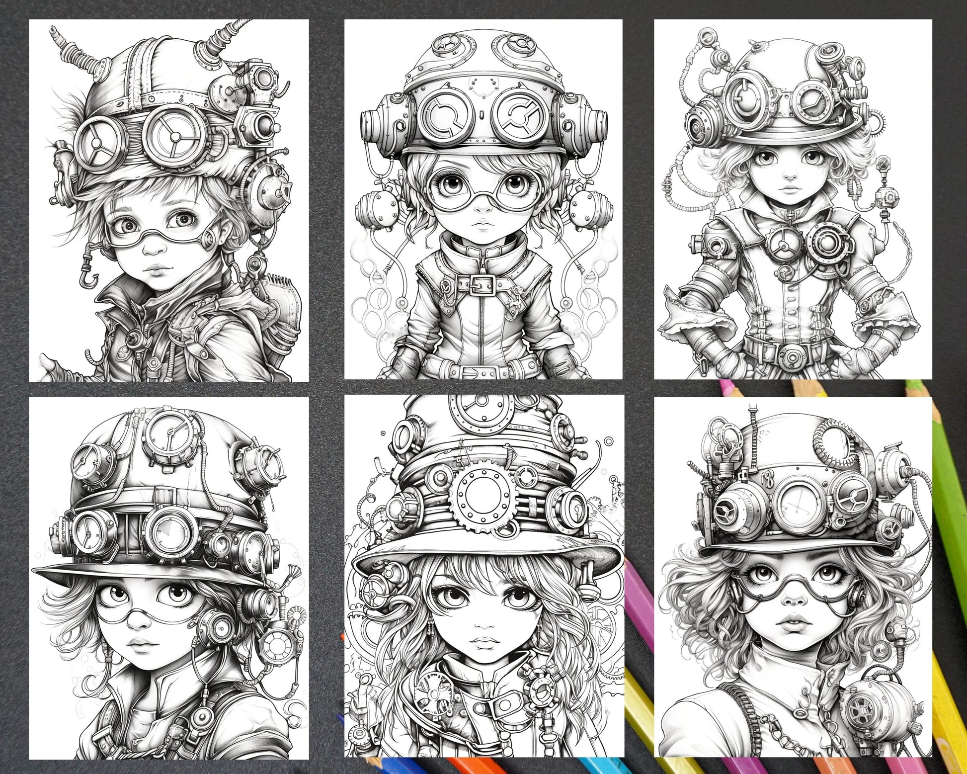 31 Adorable Steampunk Girls Coloring Pages Printable for Adults, Grayscale Coloring Page, PDF File Instant Download