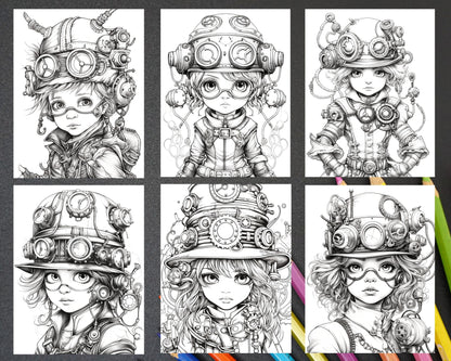 31 Adorable Steampunk Girls Coloring Pages Printable for Adults, Grayscale Coloring Page, PDF File Instant Download