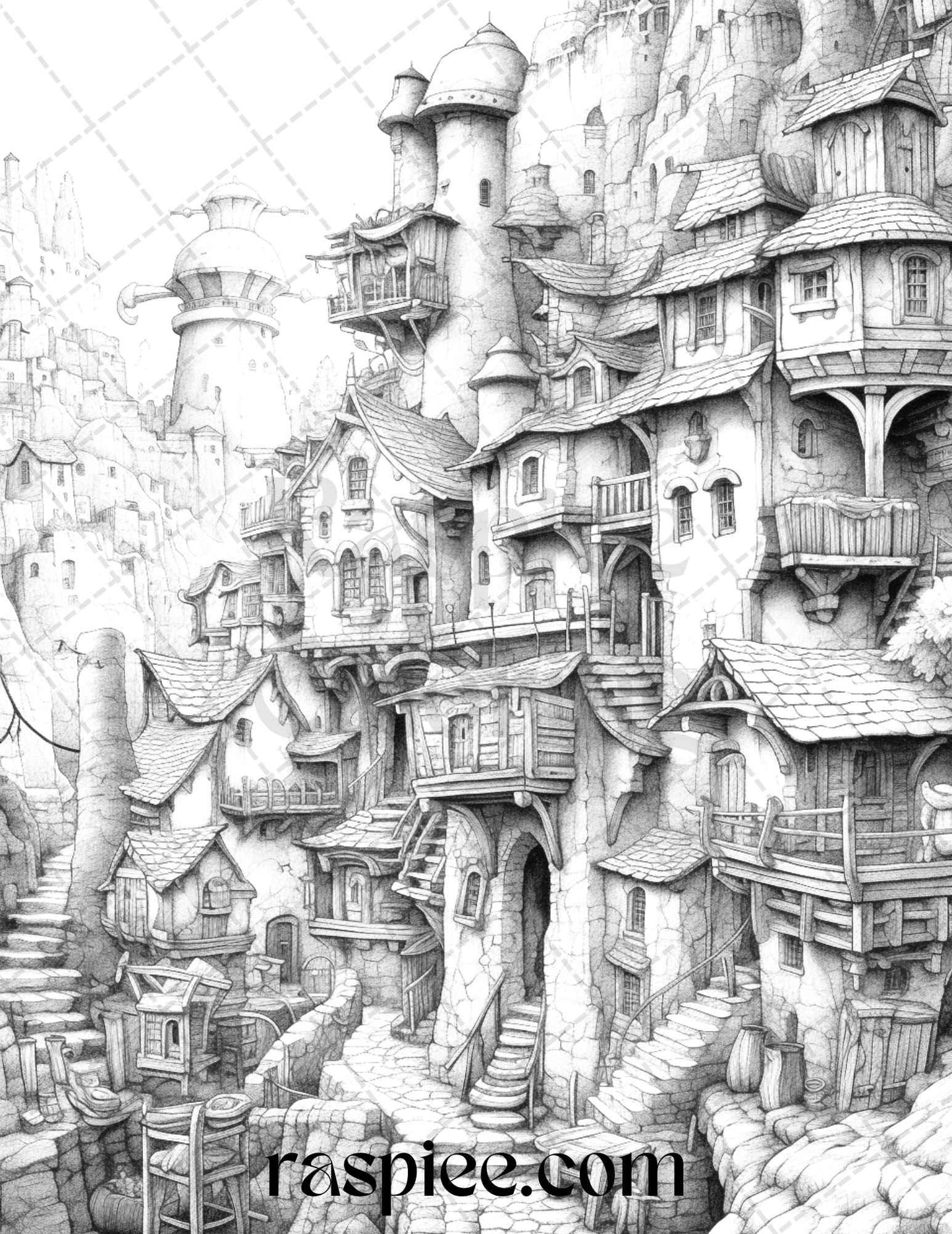 40 Fantasy Village Grayscale Coloring Pages Printable for Adults, PDF File Instant Download