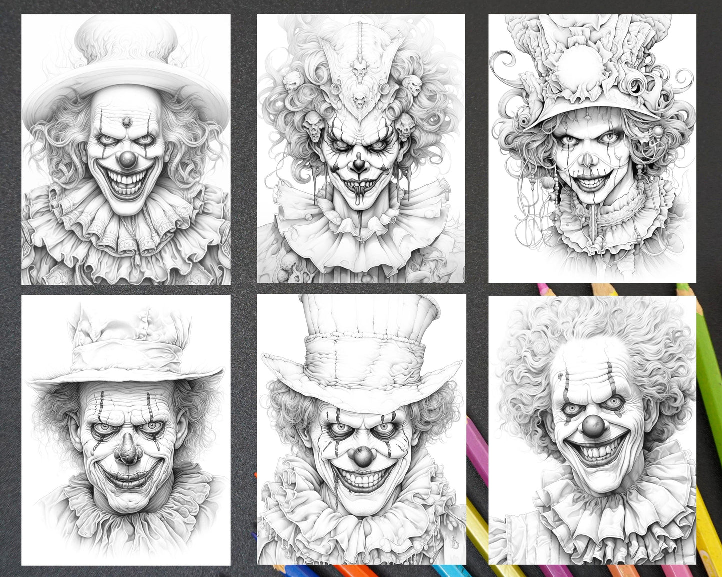 40 Spooky Clowns Grayscale Coloring Pages Printable for Adults, PDF File Instant Download