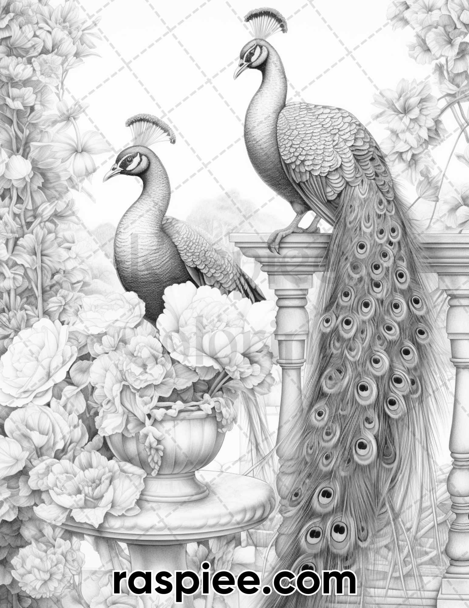 40 Majestic Peacocks Grayscale Adult Coloring Pages, Printable PDF Instant Download