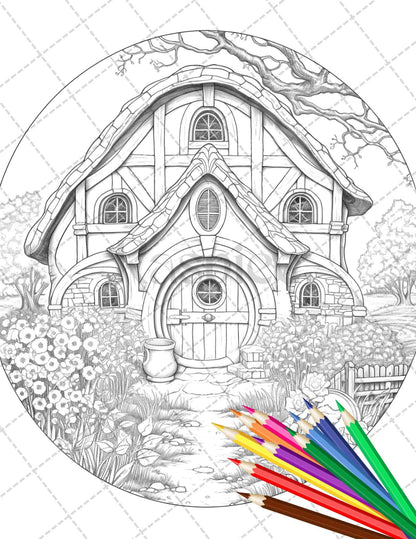 43 Enchanted Hobbiton Houses Grayscale Coloring Pages Printable for Adults, PDF File Instant Download