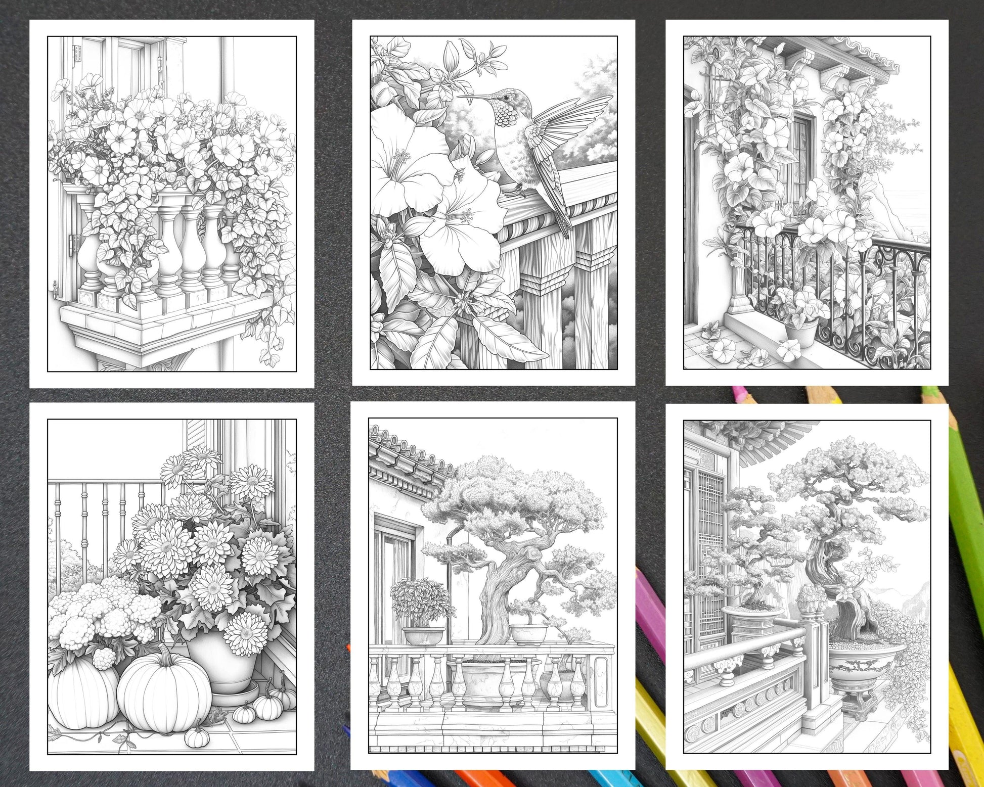 50 Balcony Garden Adult Coloring Pages Printable PDF Instant Download