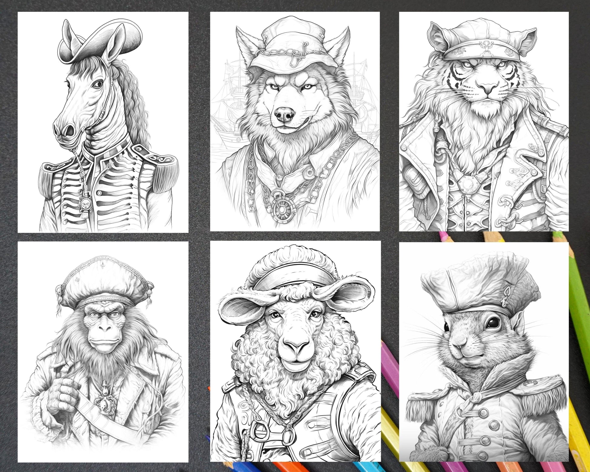 40 Pirate Animals Grayscale Coloring Pages Printable for Adults, PDF File Instant Download