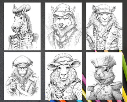 40 Pirate Animals Grayscale Coloring Pages Printable for Adults, PDF File Instant Download