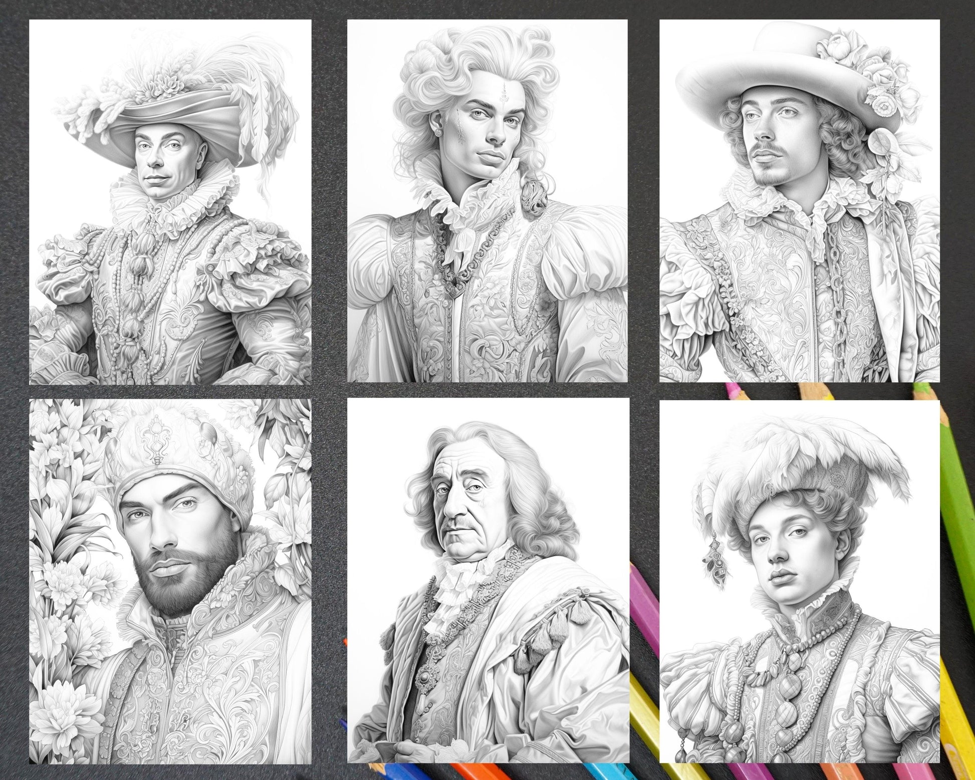 50 Baroque Man Portrait Grayscale Graysale Coloring Pages Printable for Adults, PDF File Instant Download