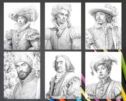 50 Baroque Man Portrait Grayscale Graysale Coloring Pages Printable for Adults, PDF File Instant Download