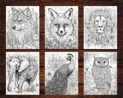 30 Animal Floral Printable Coloring Pages for Adults, Grayscale Coloring Book, Printable PDF File Download