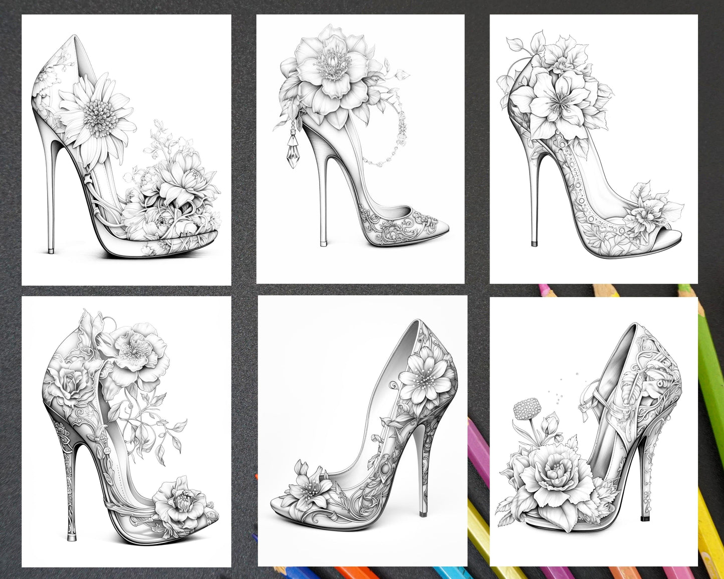 40 Flower Wedding Shoes Grayscale Coloring Pages Printable for Adults, PDF File Instant Download