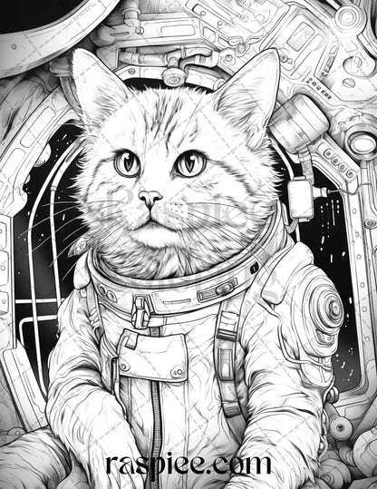 40 Cat Astronaut Grayscale Coloring Pages Printable for Adults Kids, PDF File Instant Download