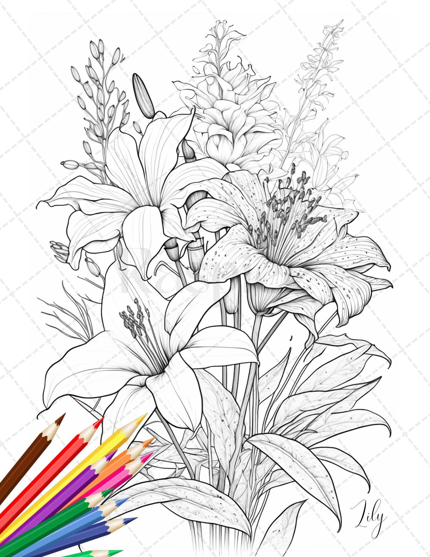 30 Botanical Flowers Printable Coloring Pages for Adults, Floral Grayscale Coloring Book, Printable PDF File Download