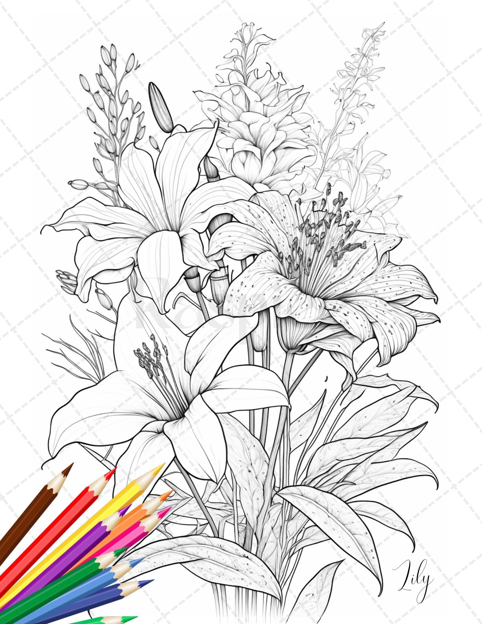 30 Botanical Flowers Printable Coloring Pages for Adults, Floral Grayscale Coloring Book, Printable PDF File Download