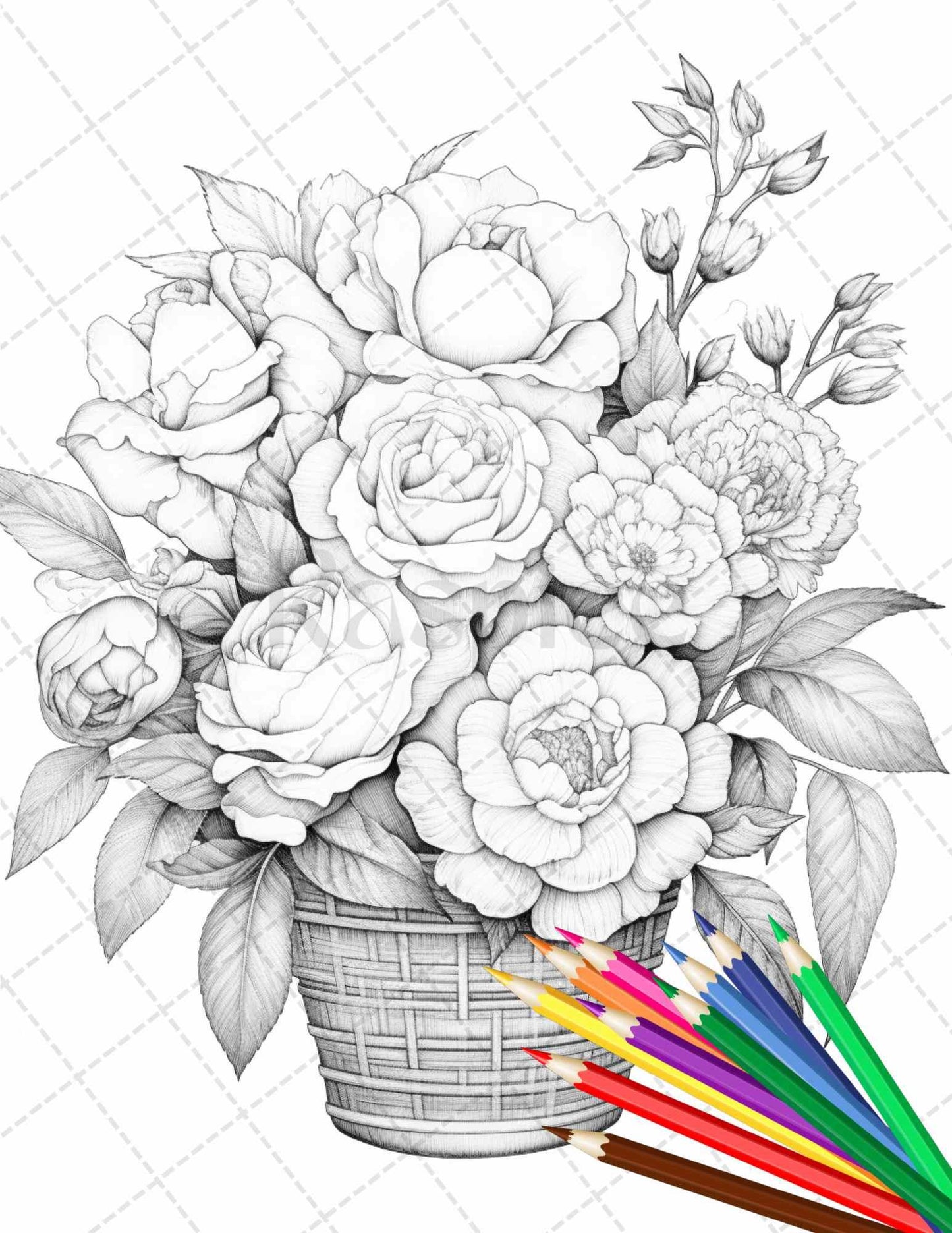 30 Flower Baskets Grayscale Coloring Pages for Adults, PDF File Instant Download