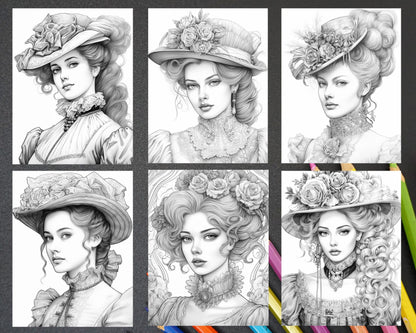 43 Beautiful Victorian Women Grayscale Coloring Pages Printable for Adults, PDF File Instant Download