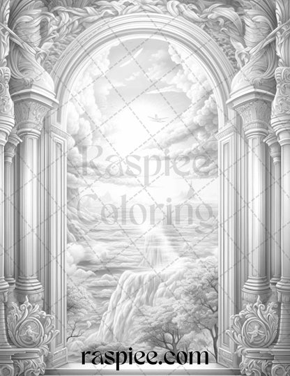 40 Window to Fantasy Worlds Grayscale Coloring Pages Printable for Adults, PDF File Instant Download