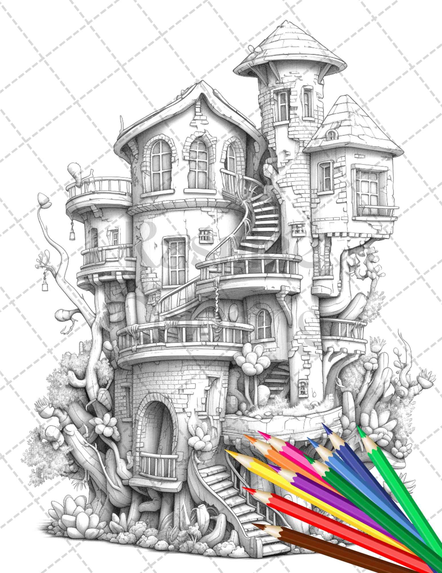 46 Fantasy Cactus Houses Grayscale Coloring Pages Printable for Adults, PDF File Instant Download