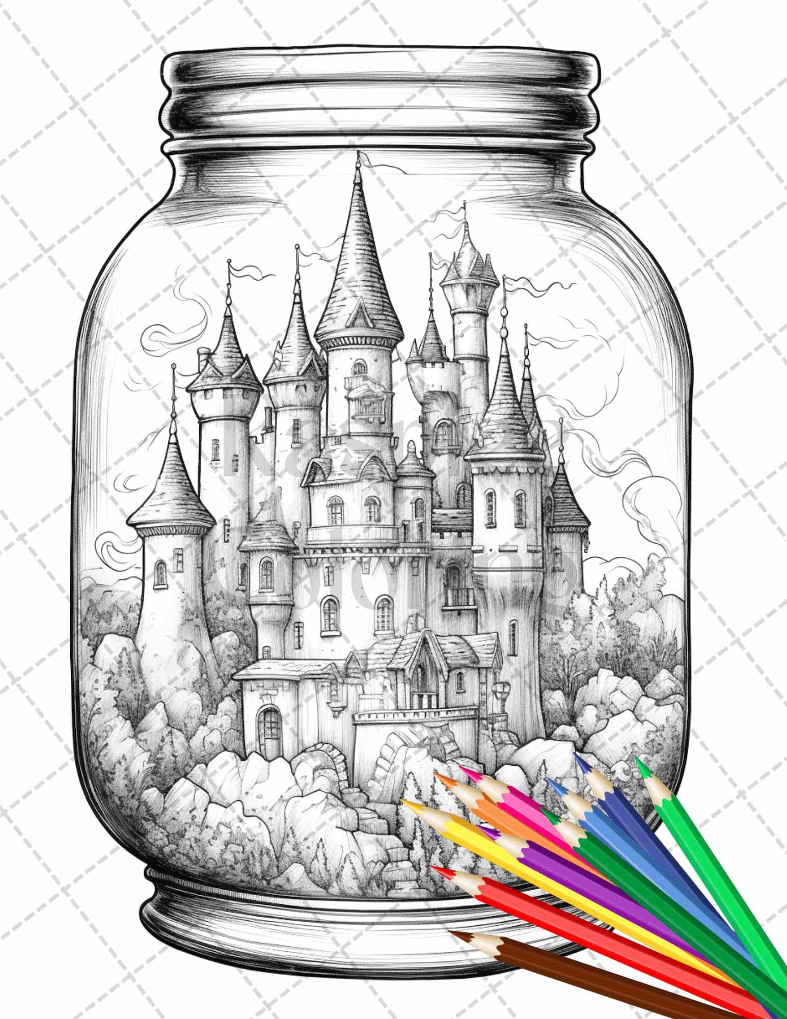 42 Fantasy Castle In Jar Grayscale Coloring Pages Printable for Adults, PDF File Instant Download