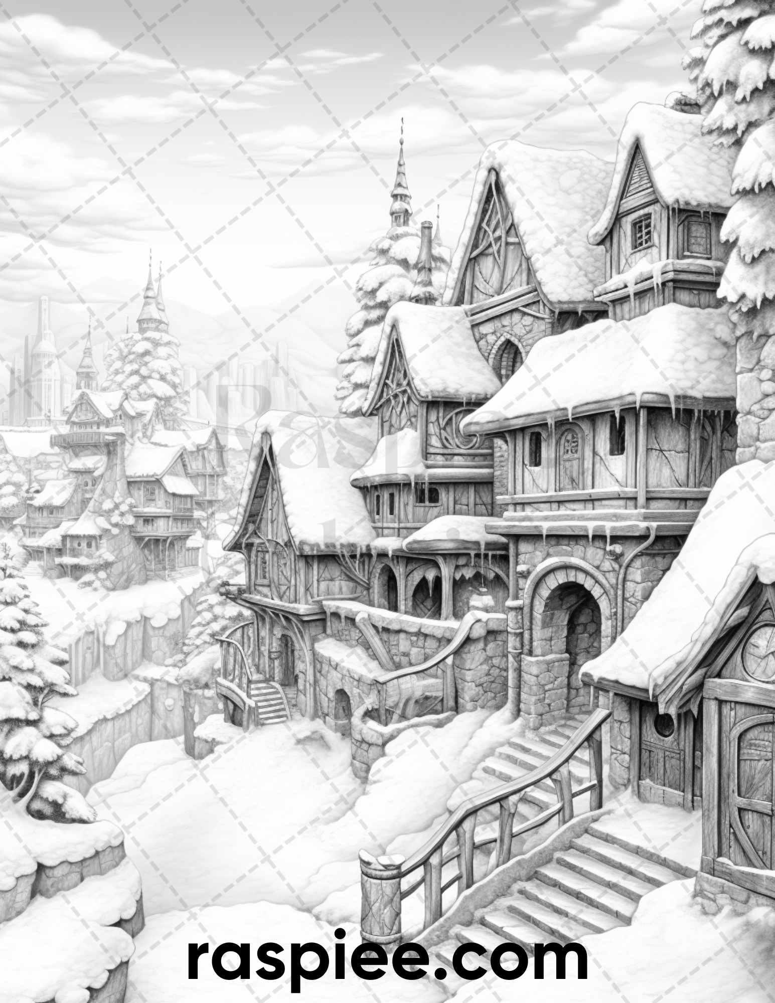 40 Fantasy Winter Village Grayscale Coloring Pages for Adults, PDF File Instant Download