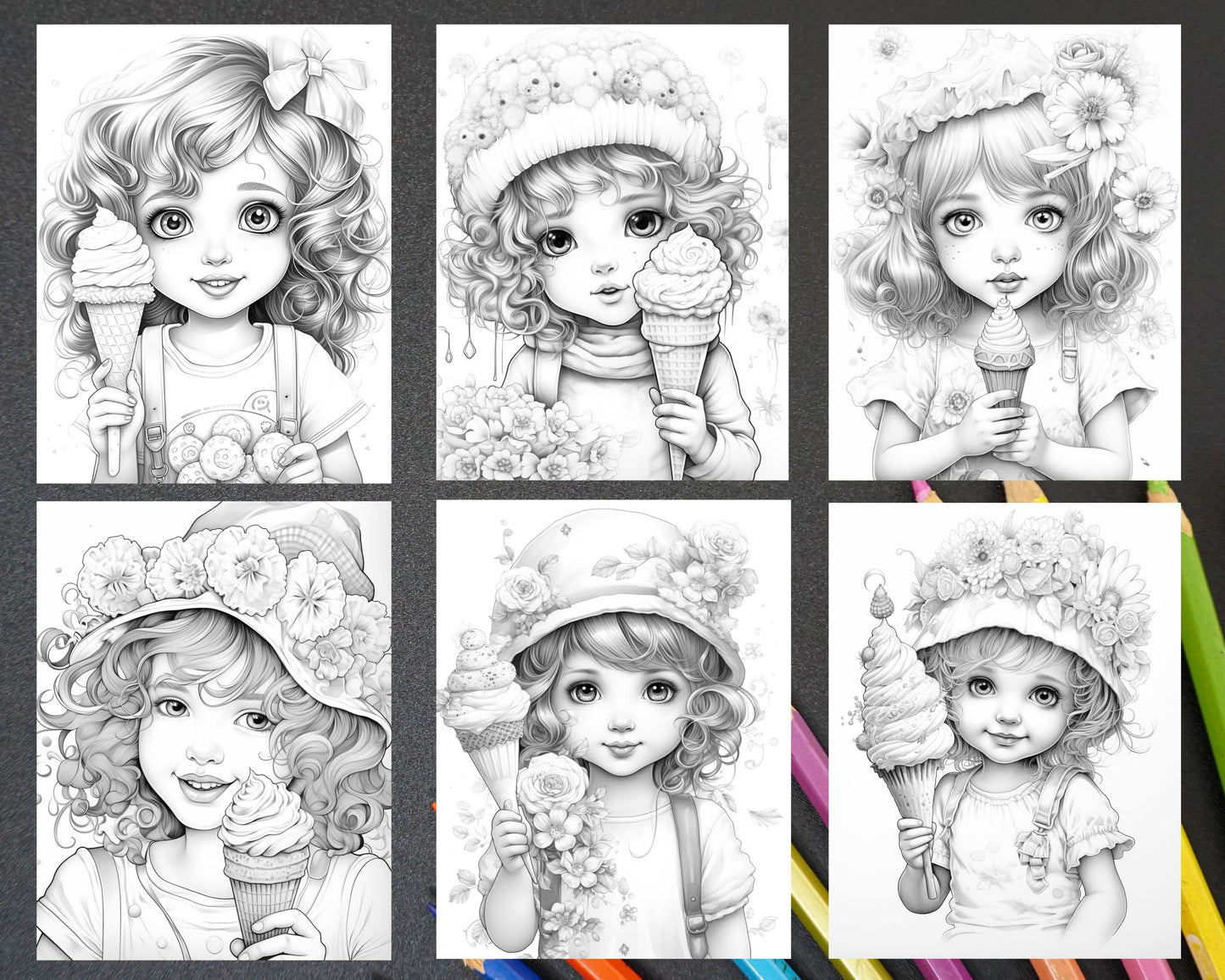 42 Adorable Girls with Ice Cream Grayscale Coloring Pages Printable for Adults Kids, PDF File Instant Download