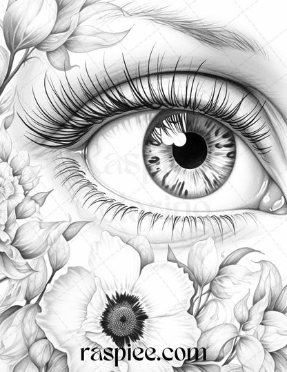 40 Charming Eyes Grayscale Coloring Pages Printable for Adults, PDF File Instant Download