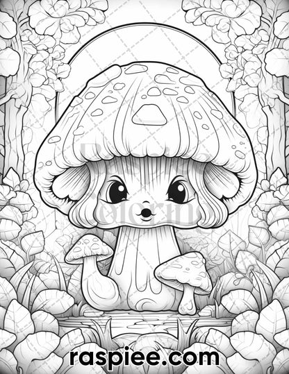 40 Kawaii Mushrooms Grayscale Coloring Pages for Adults, Printable PDF Instant Download