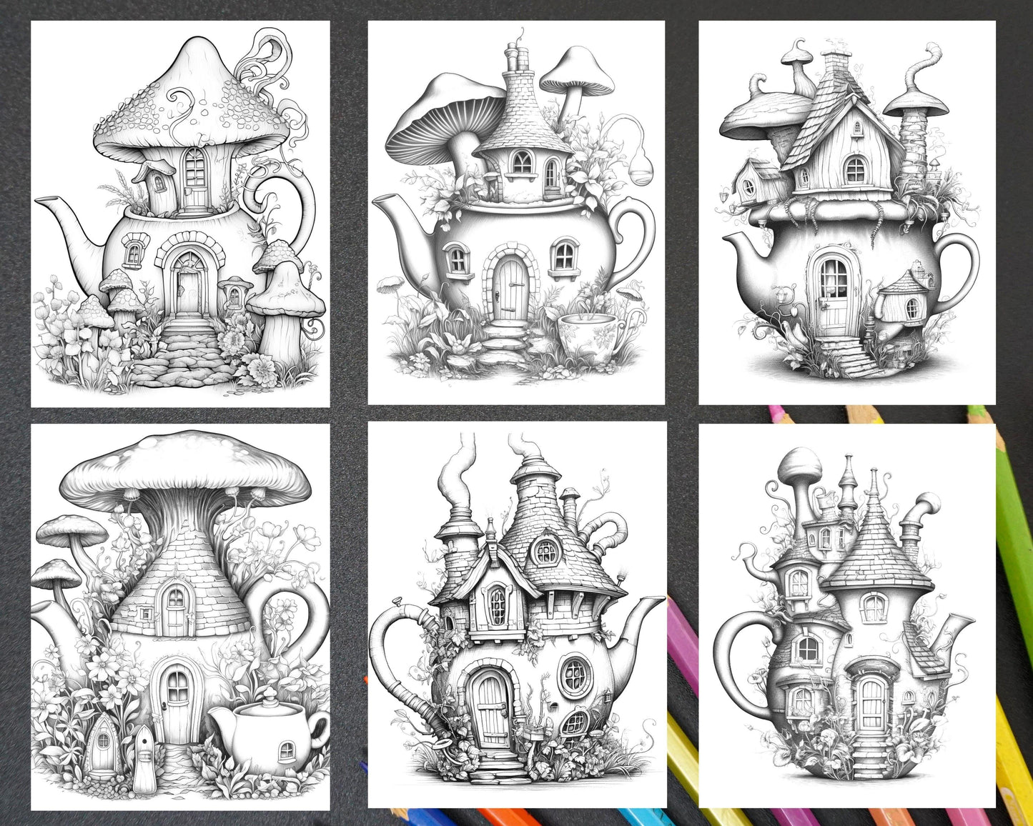 40 Teapot Fairy Houses Grayscale Coloring Pages Printable for Adults, PDF File Instant Download