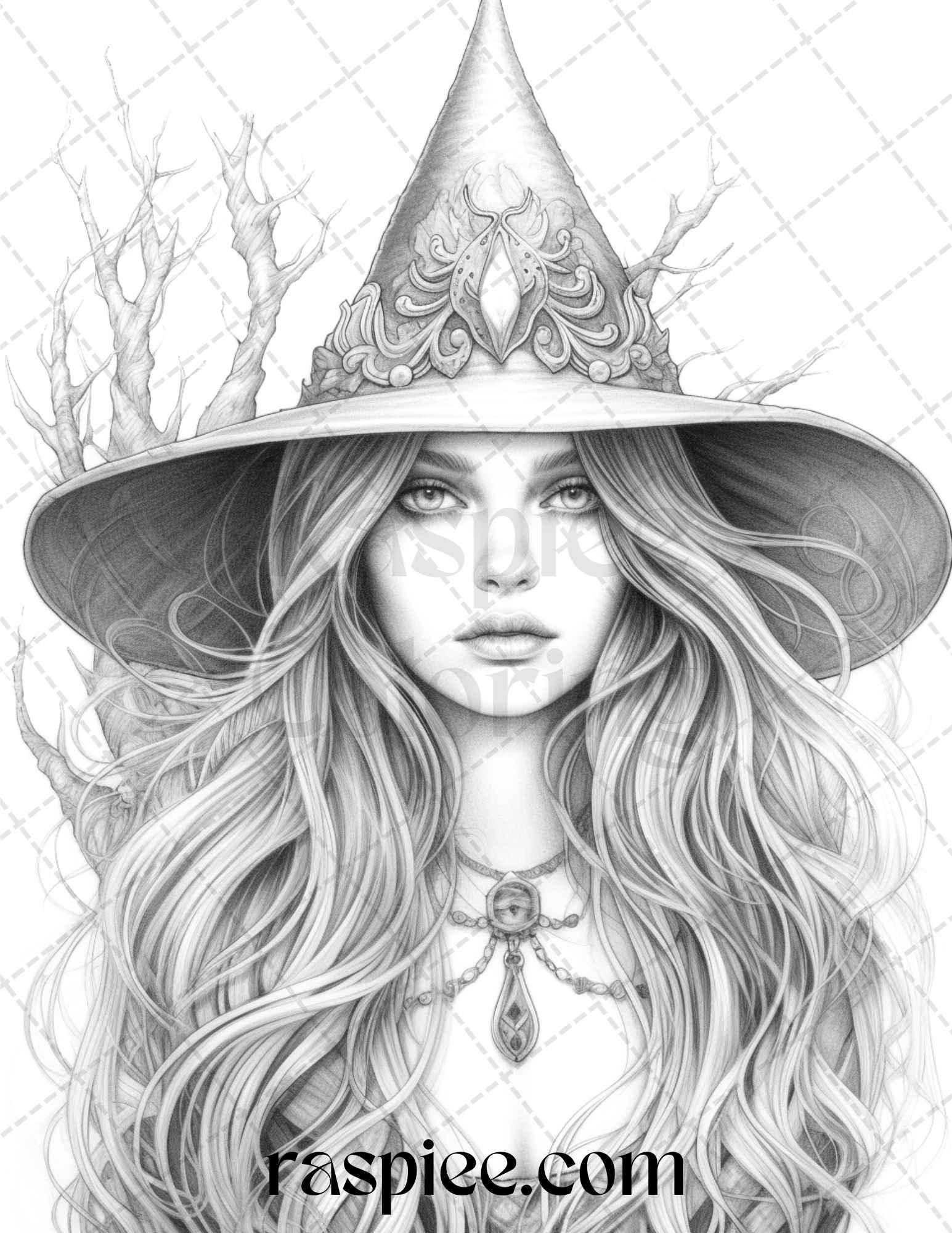 40 Beautiful Witches Grayscale Coloring Pages Printable for Adults, PDF File Instant Download