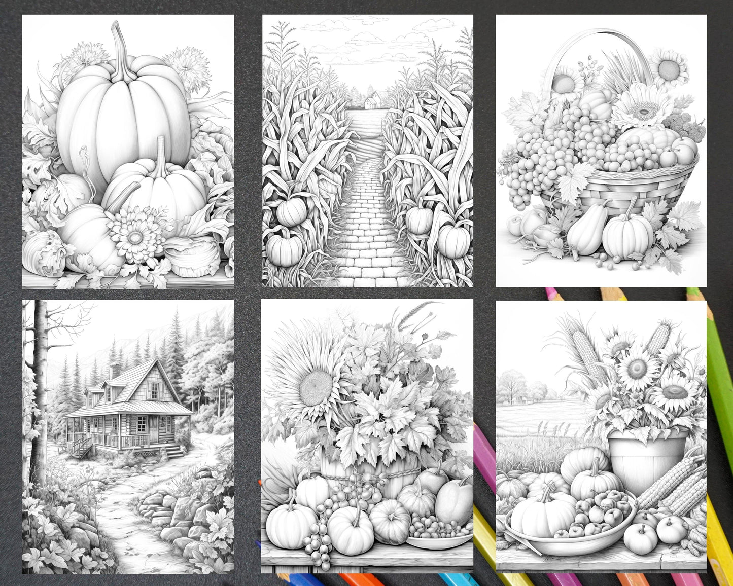 40 Happy Thanksgiving Grayscale Coloring Pages for Adults, Printable PDF Instant Download