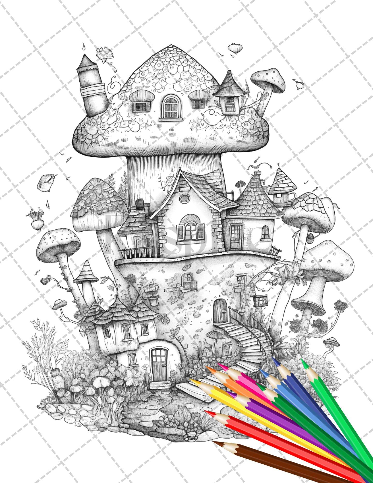 32 Whimsical Mushroom House Coloring Pages for Adults, Grayscale Coloring Book, Printable PDF File Download