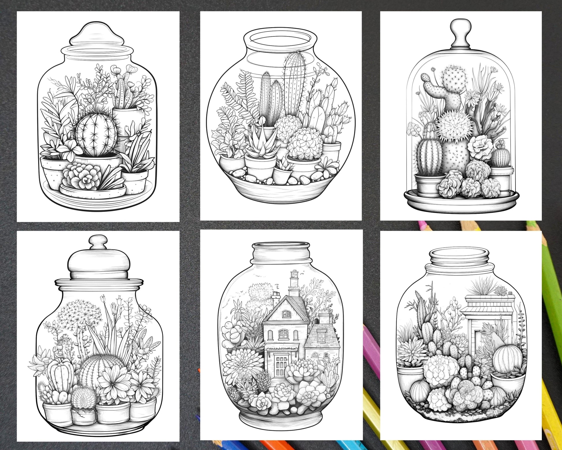 34 Enchanted Terrarium Grayscale Coloring Pages Printable for Adults, PDF File Instant Download