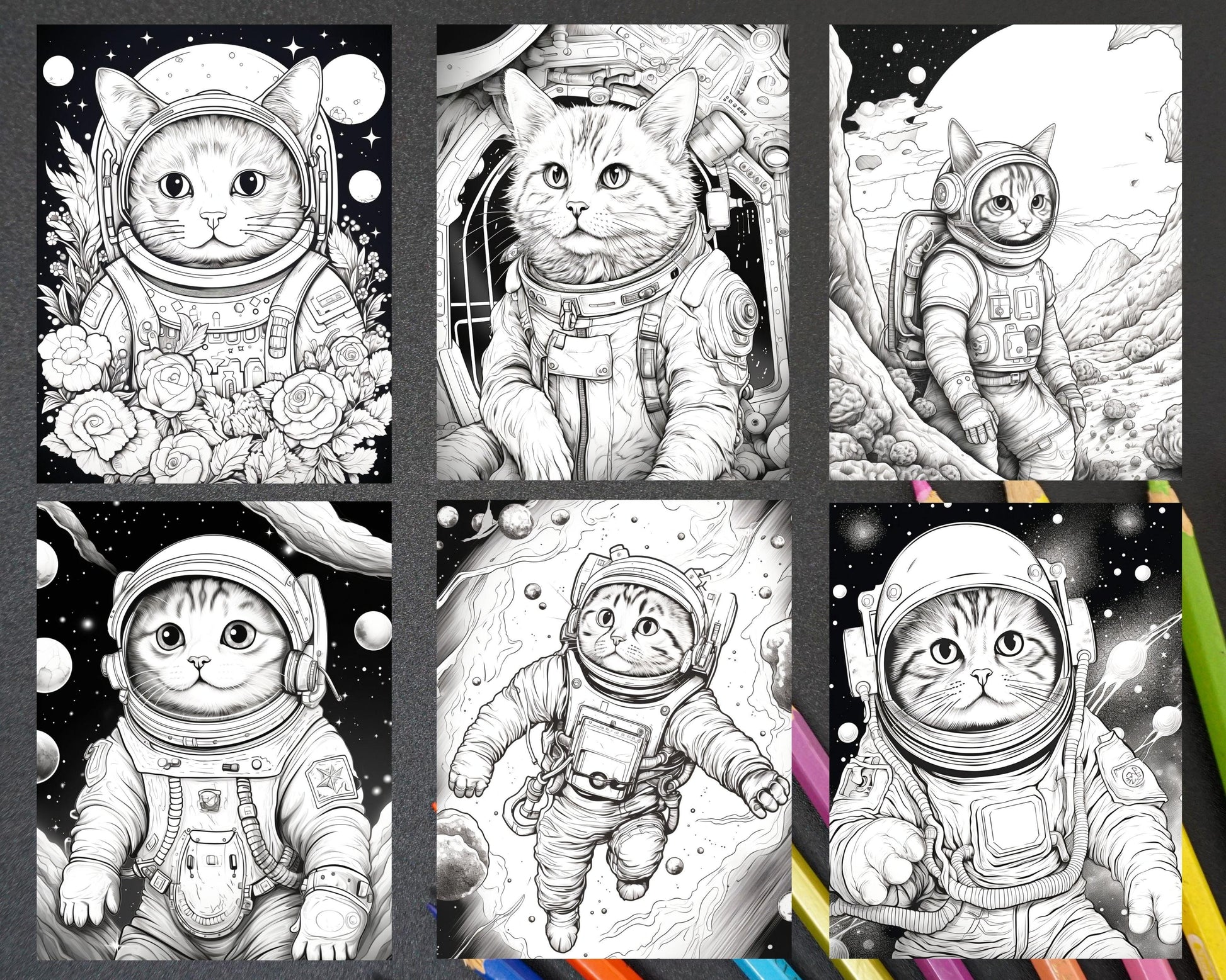 40 Cat Astronaut Grayscale Coloring Pages Printable for Adults Kids, PDF File Instant Download