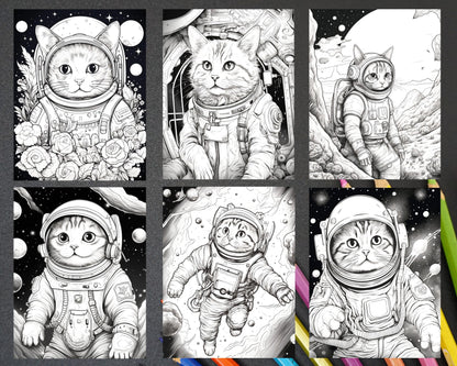 40 Cat Astronaut Grayscale Coloring Pages Printable for Adults Kids, PDF File Instant Download