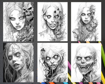 40 Scary Zombie Girls Grayscale Coloring Pages Printable for Adults, PDF File Instant Download