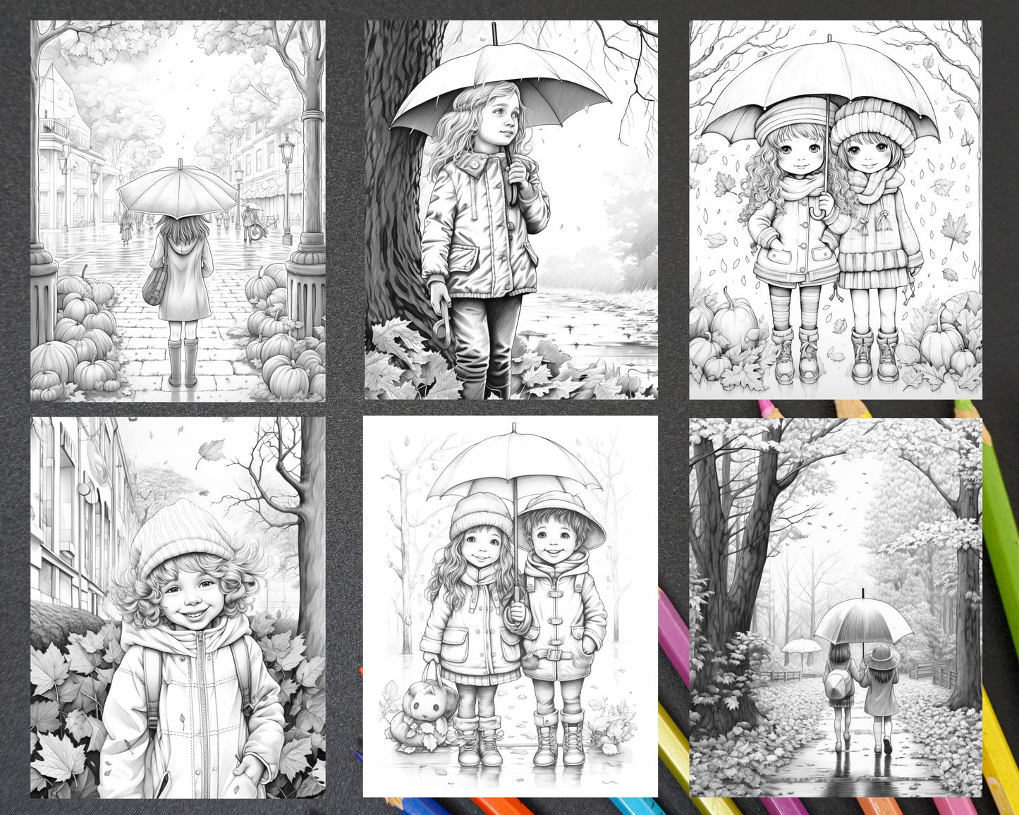 40 Rainy Autumn Day Grayscale Coloring Pages Printable for Adults and Kids, PDF File Instant Download