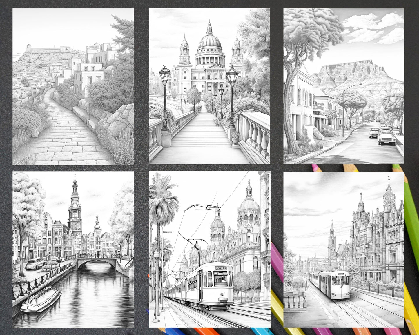 40 Beautiful Cities Travel Grayscale Coloring Pages Printable for Adults, PDF File Instant Download