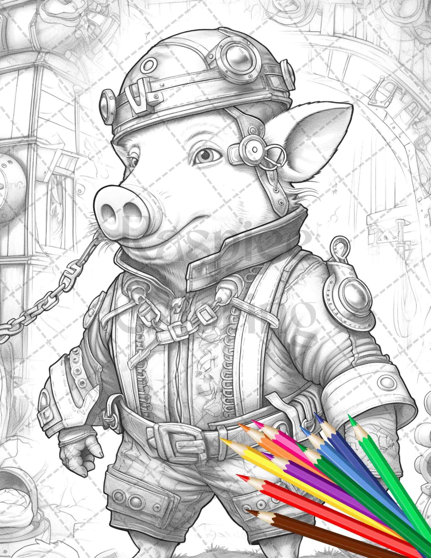 45 Steampunk Animals Grayscale Coloring Pages Printable for Adults Vol. 2, PDF File Instant Download