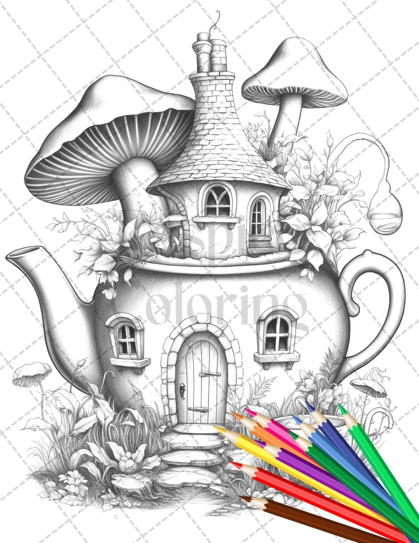 40 Teapot Fairy Houses Grayscale Coloring Pages Printable for Adults, PDF File Instant Download